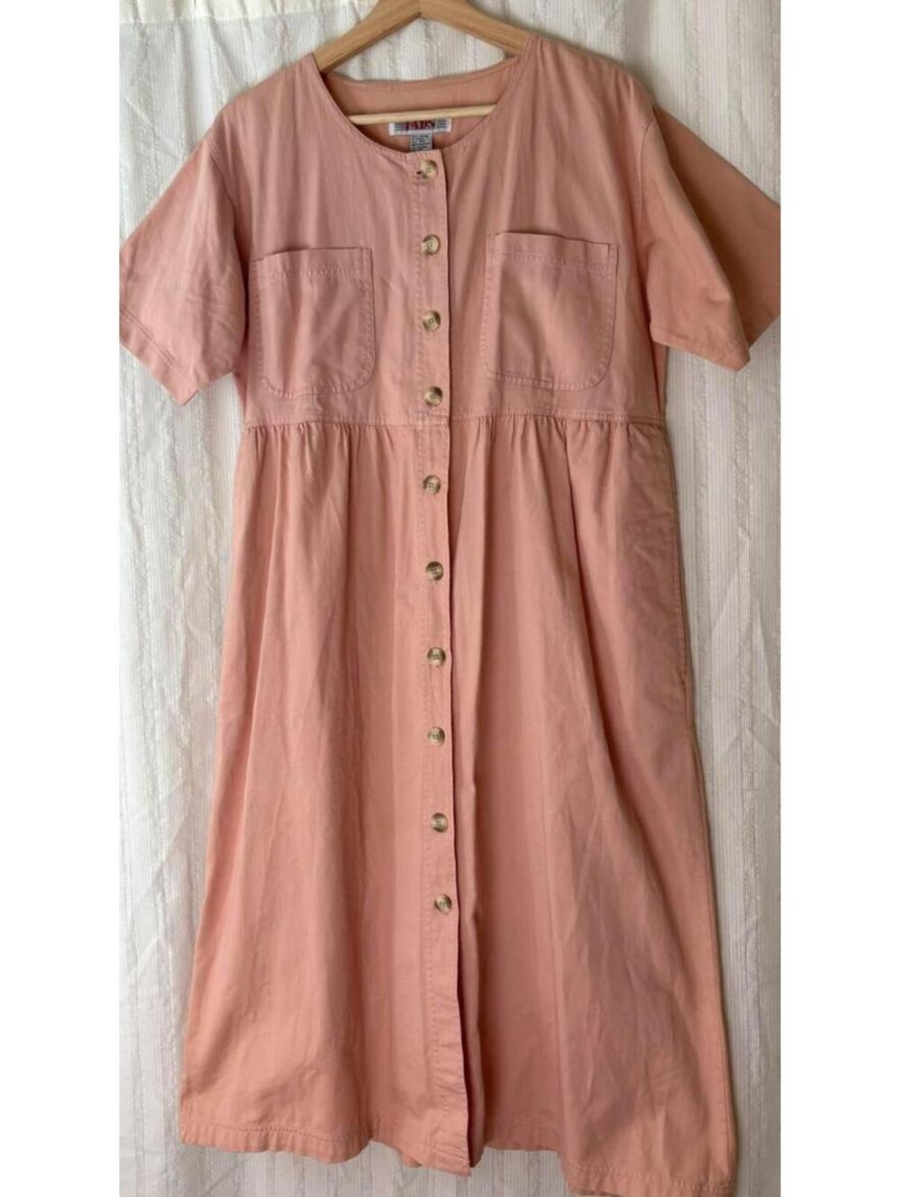 FADS Vintage Pink Cotton Button-Front Midi Dress Size PM #80s #90s
